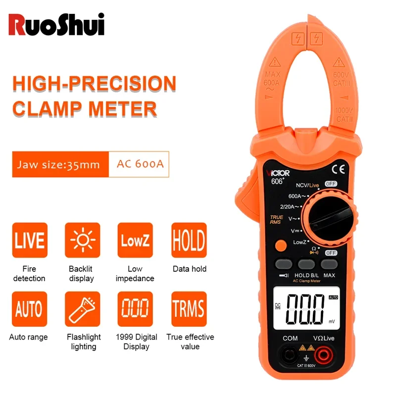 RUOSHUI 606+ Digital Clamp Meter TRUE RMS DC/AC Multimeter Ammeter Voltage Tester Car Hz Capacitance NCV Ohm Pinza Amperimetrica