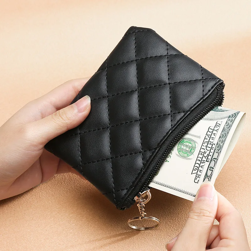 Couro do plutônio zip moeda carteira chaveiro moda feminina pequena bolsa dinheiro designer losango padrão curto mudança bolsa moeda bolsa