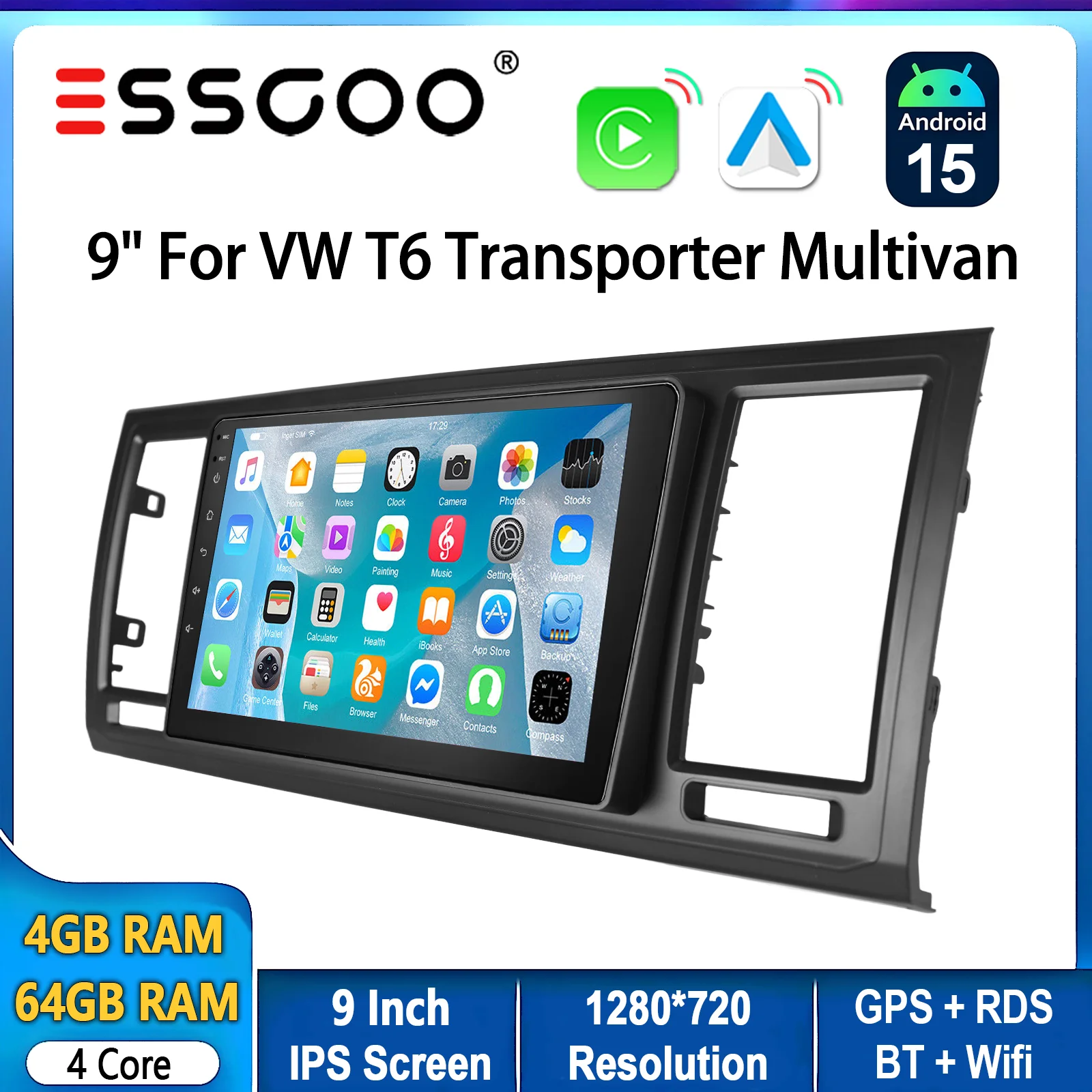 ESSGOO 9-Zoll 64GB Android 15 Kabelloses CarPlay Autoradio für VW T6 Transporter Multivan GPS-Navigation WLAN BT RDS SWC Mirror Link