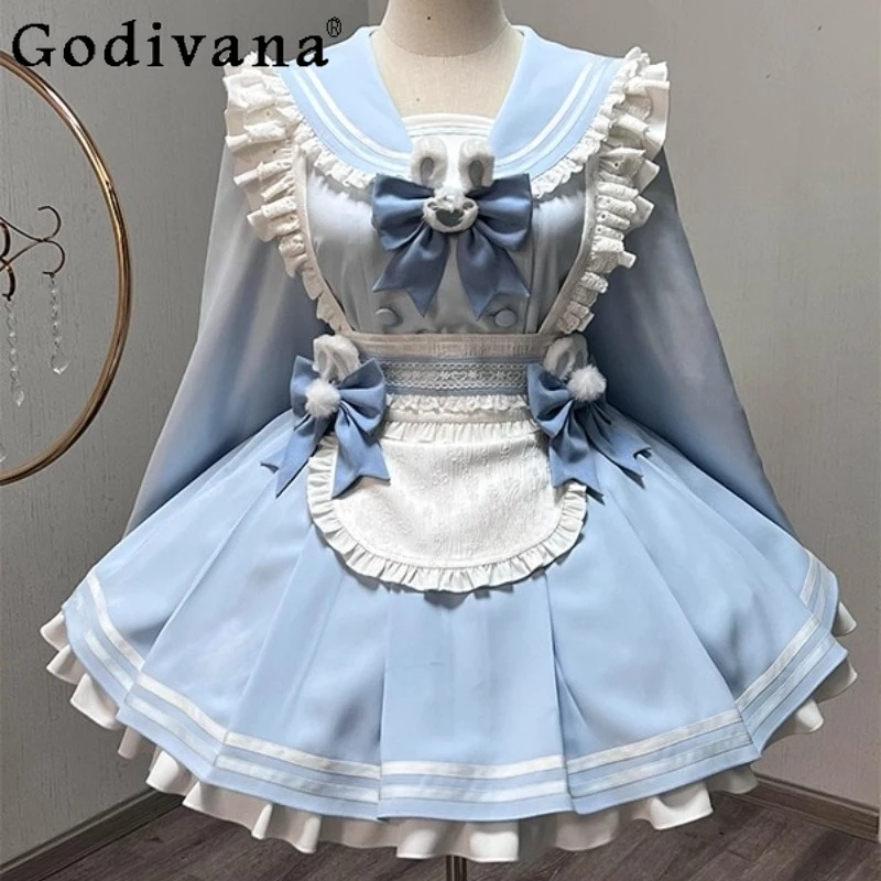

Navy Collar Lolita Girl Waist Cinching Dress Women Cute Sweet Lolita Dress and Apron Two Piece Set Girls Japanese Bow Dress