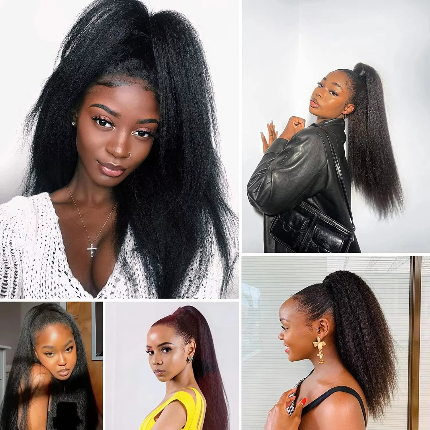 Kinky Straight Ponytail Human Hair Extension 100% Real Human Hair Wrap Around Drawstring In Ponytail Natural Black #1B For Women