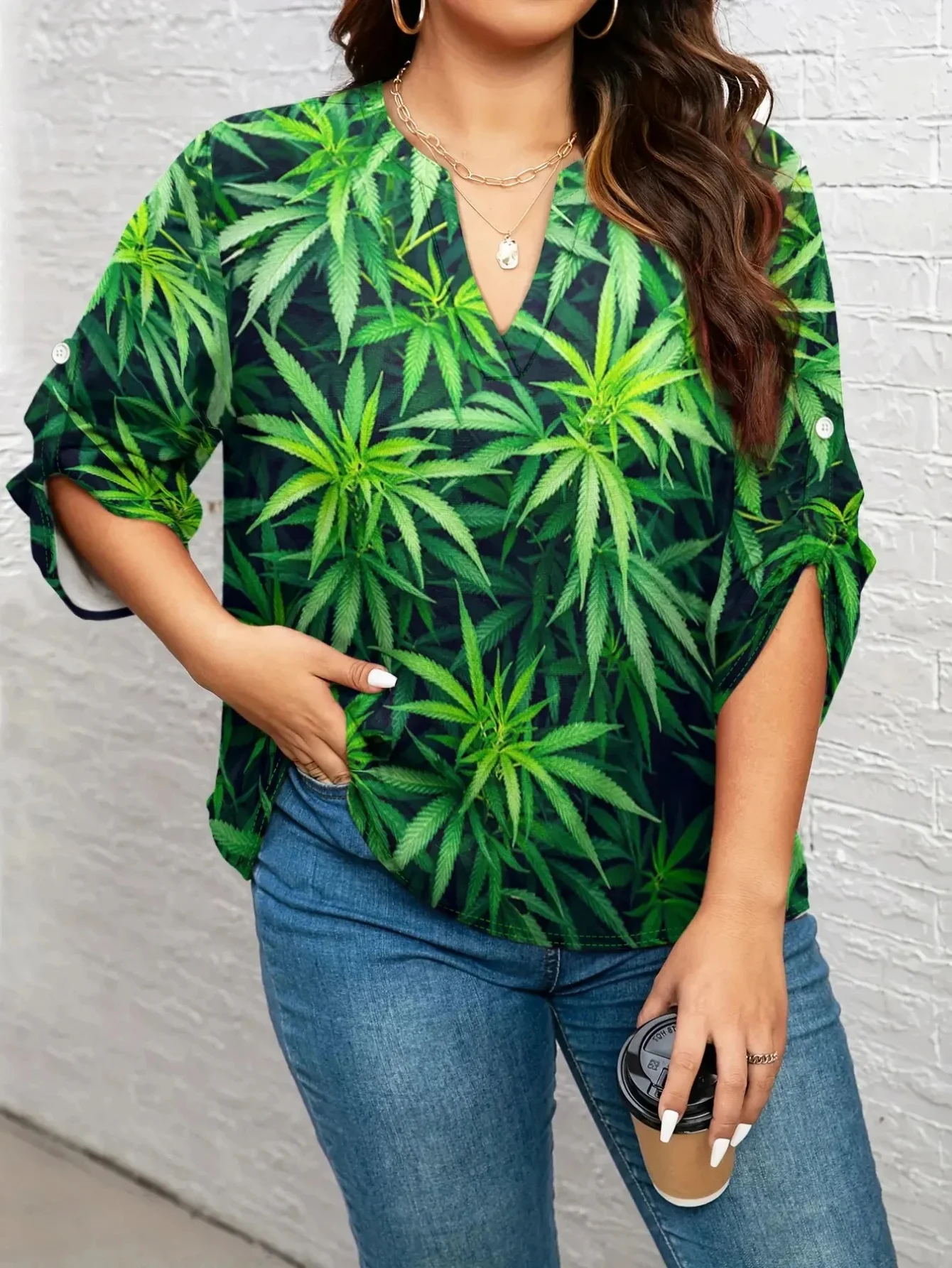 

Футболки с принтом «Зеленые листья и сорняки» для женщин больших размеров, с V-образным вырезом, длинным рукавом, оверсайз, повседневная одежда, уличный стиль