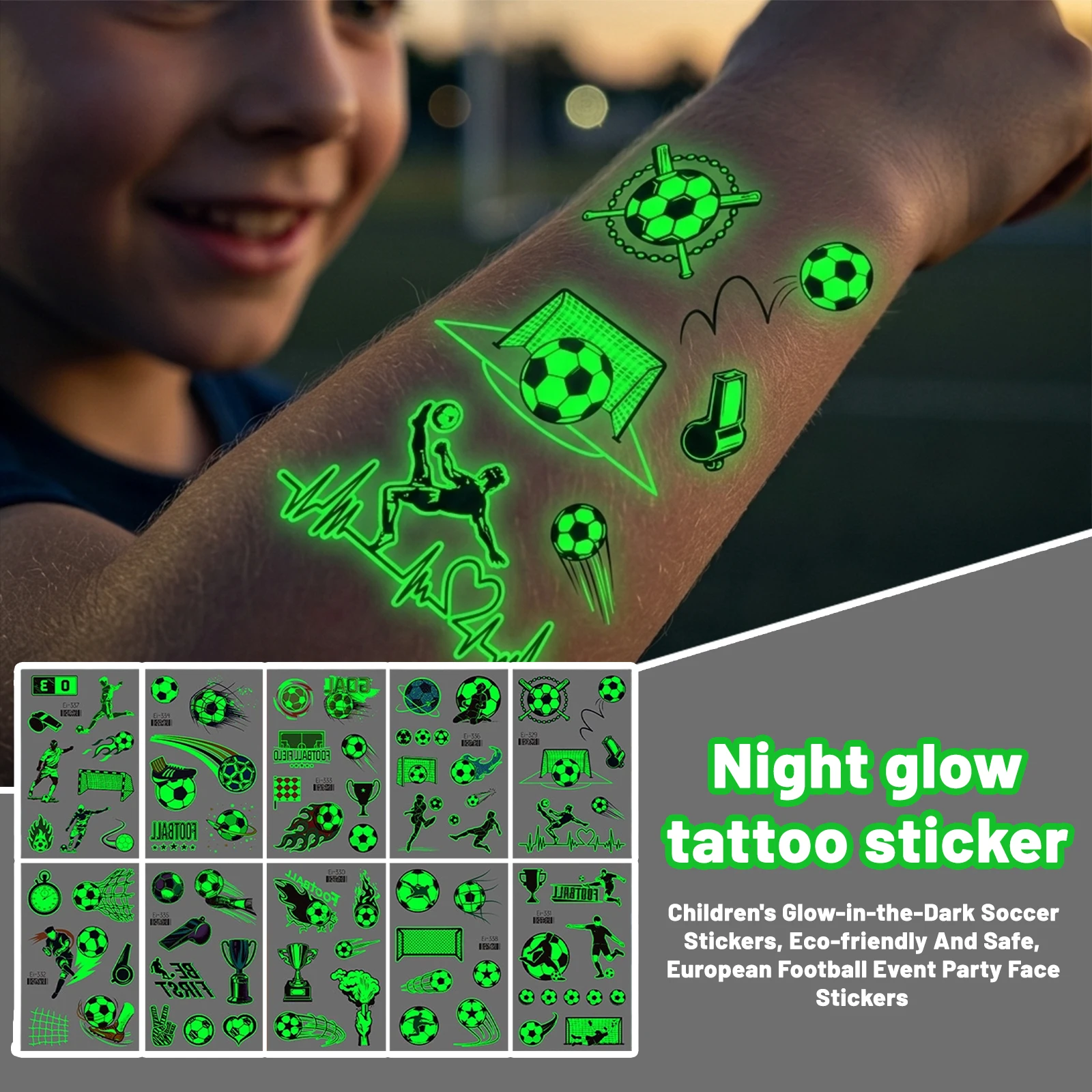 

Glow in the Dark Soccer Temporary Tattoos Safe Non-Toxic Party Favor Football Themed Body Art Stickers Set, Soccer Decal, 10pcs
