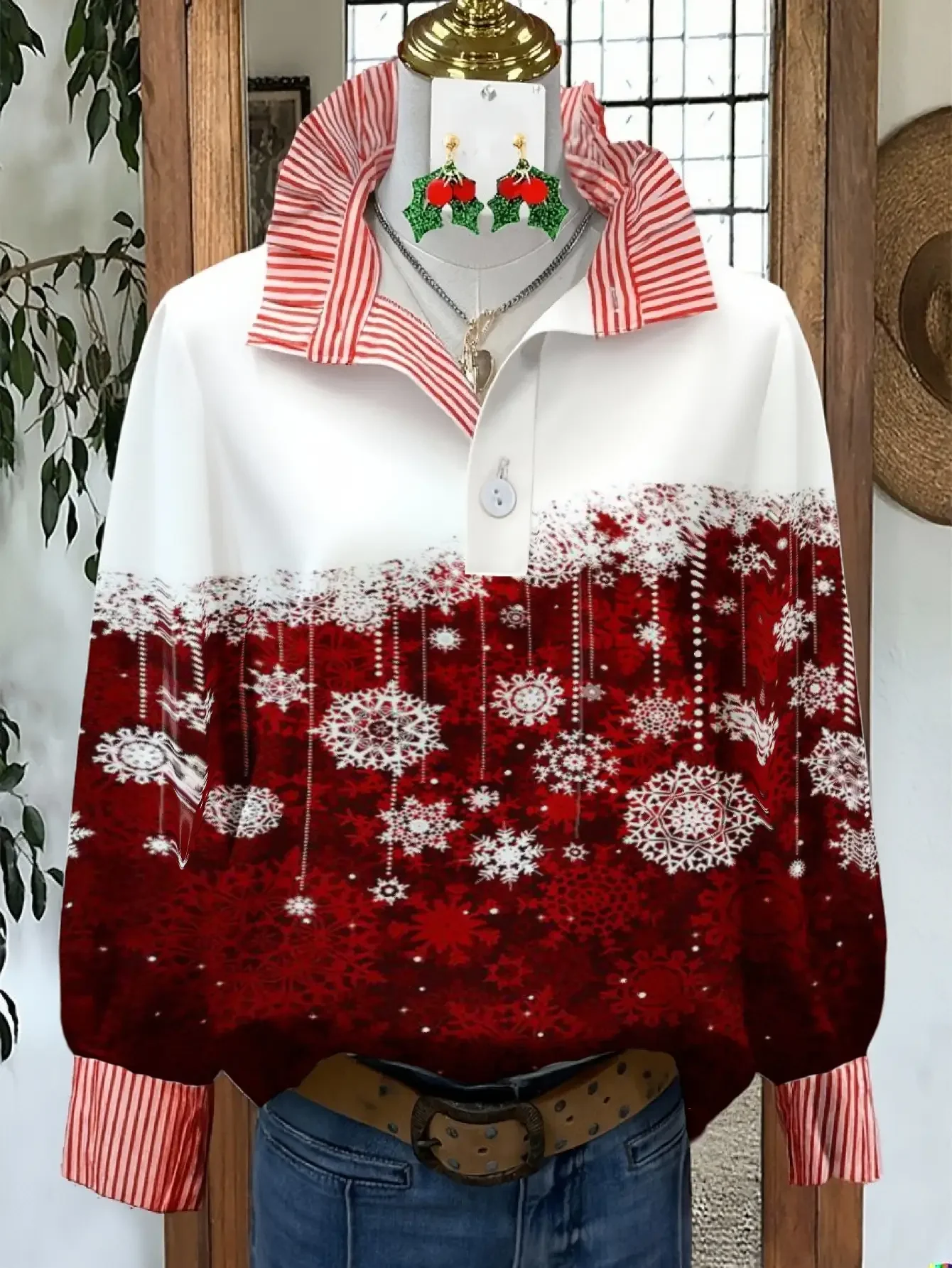 Women's striped shirt with multi-color striped collar and Lotus leaf, lotus pattern top