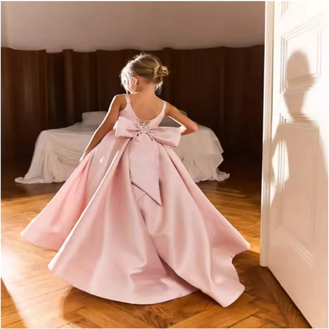 맞춤형 성찬식 블러쉬 핑크 플라워 걸 드레스 웨딩용 새틴 소녀 생일 파티 드레스 청소년용 바닥 길이 성찬식 드레스