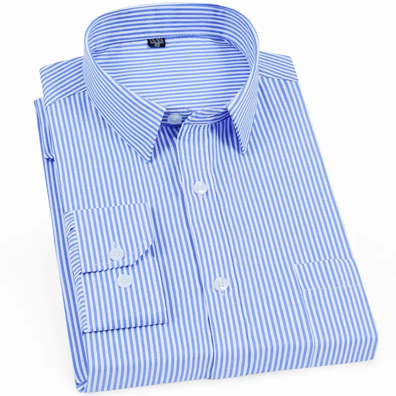 Men\'s Long Sleeve Dress Shirt Blue Striped Shirt Business Office Work Formal Casual Shirt Single Patch Pocket Standard-fit