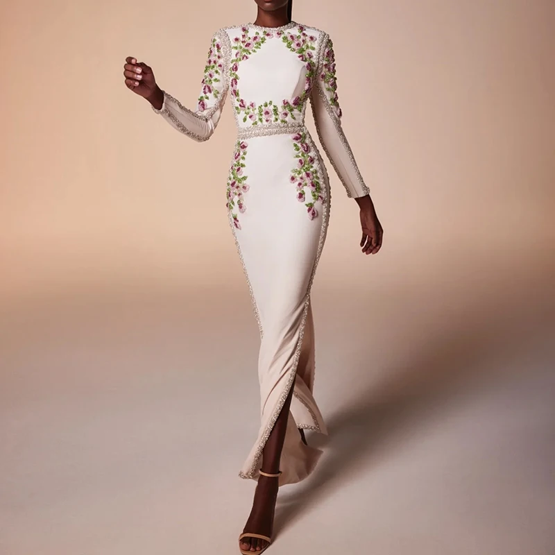 HIGH STREET Neueste Mode 2026 Designer Party Vestido Damen Langarm Luxuriöses Perlenbesetztes Maxi-Langes Kleid