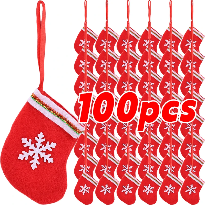 

Рождественские чулки со снежинками, мини-красный фетровый мешочек, сумки, новогодние украшения для рождественской елки, кулон, конфеты, подарочное украшение
