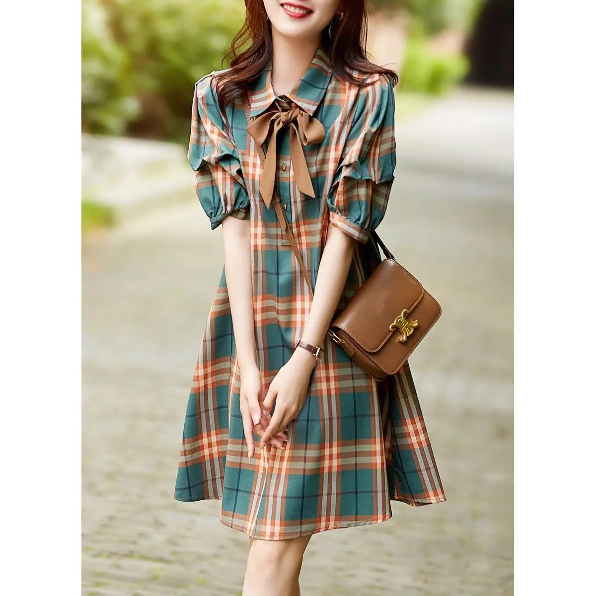 Halflange jurk damesjurken A-lijn geruite hoge taille vestidos streetwear korte mouw elegante hoge taille Y2k werk zomer 2025,