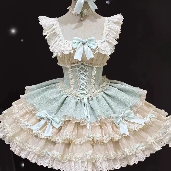 النمط الياباني Kawaii لوليتا فستان المرأة خمر الحلو مقوس دانتيل الكشكشة كعكة فساتين Harajuku Y2k سليم ضمادة فستان