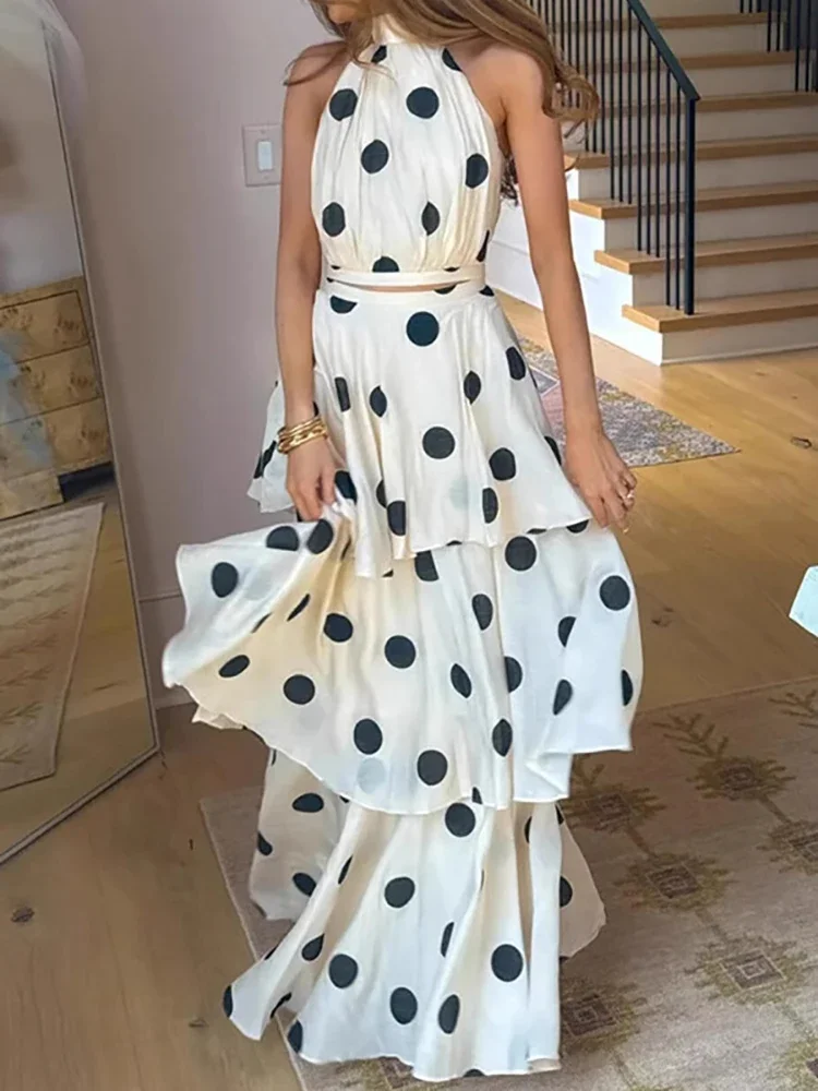 

Nice Polka Print Off Shoulder Holiday Set Sexy Women Halter Neck Top And Long Skirt Suit Casual Sleeveless Hollowed Out Party Ou