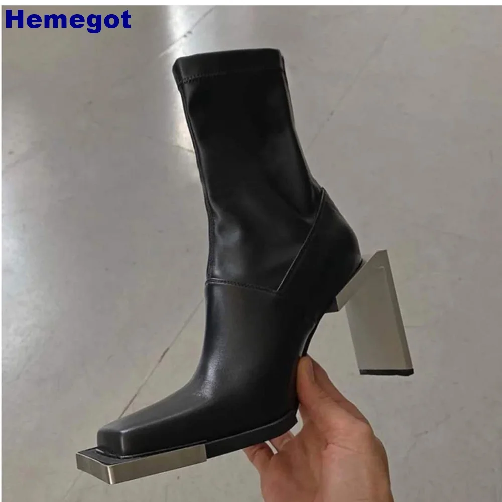 Metal Square Heel Square Short Boots 2024 Autumn Platform Street Casual Motorcycle Boots Black Fashion Women's Zipper Boots