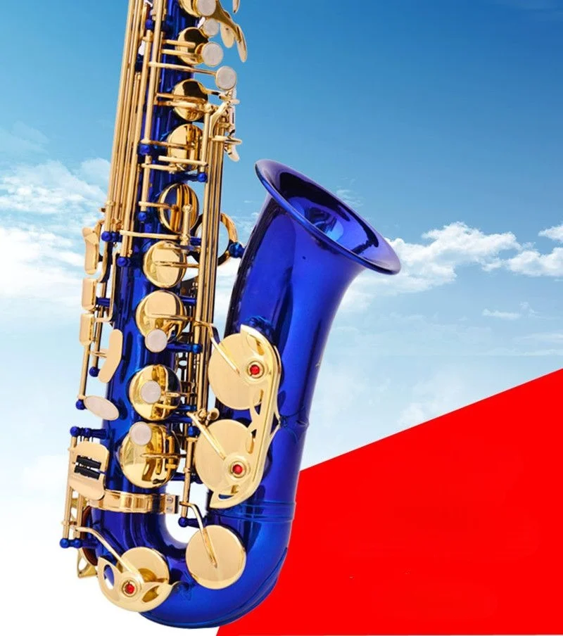 

Новый альт-саксофон в тональности Ми-бемоль, музыкальный инструмент, небесно-голубой цвет, золотистая отделка, профессиональный класс.