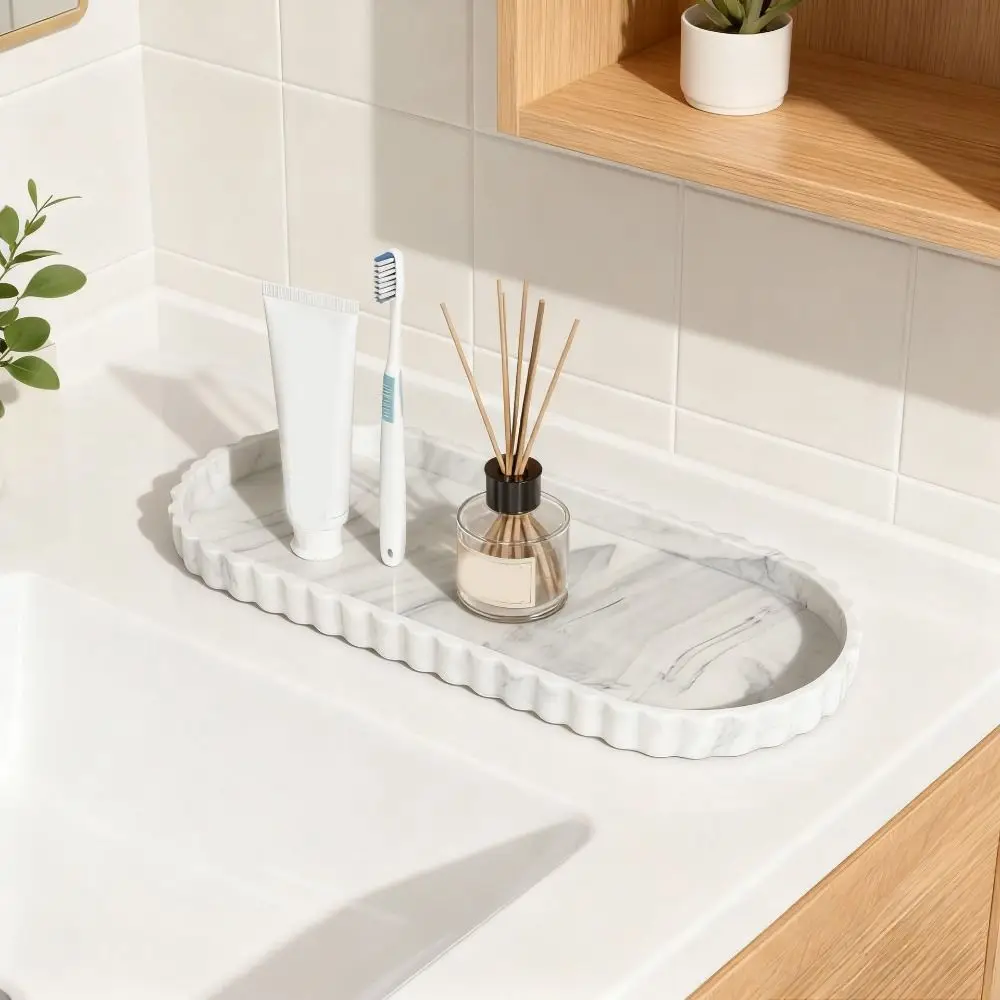 Durable Silicone Oval Storage Tray Wave Edge Marble Pattern Lace Oval Tray Decorative Tabletop Storage Shelf Living Room