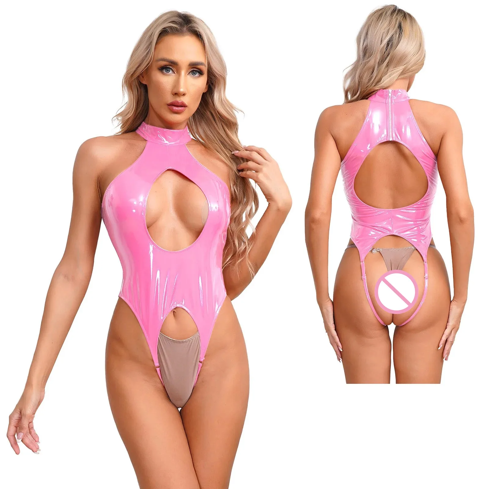 Porno Latex Bodysuit Leather Open Crotch Lingerie Hollow Chest Harness Halter Sexy Catsuit Jumpsuit Rave Night Club for Women