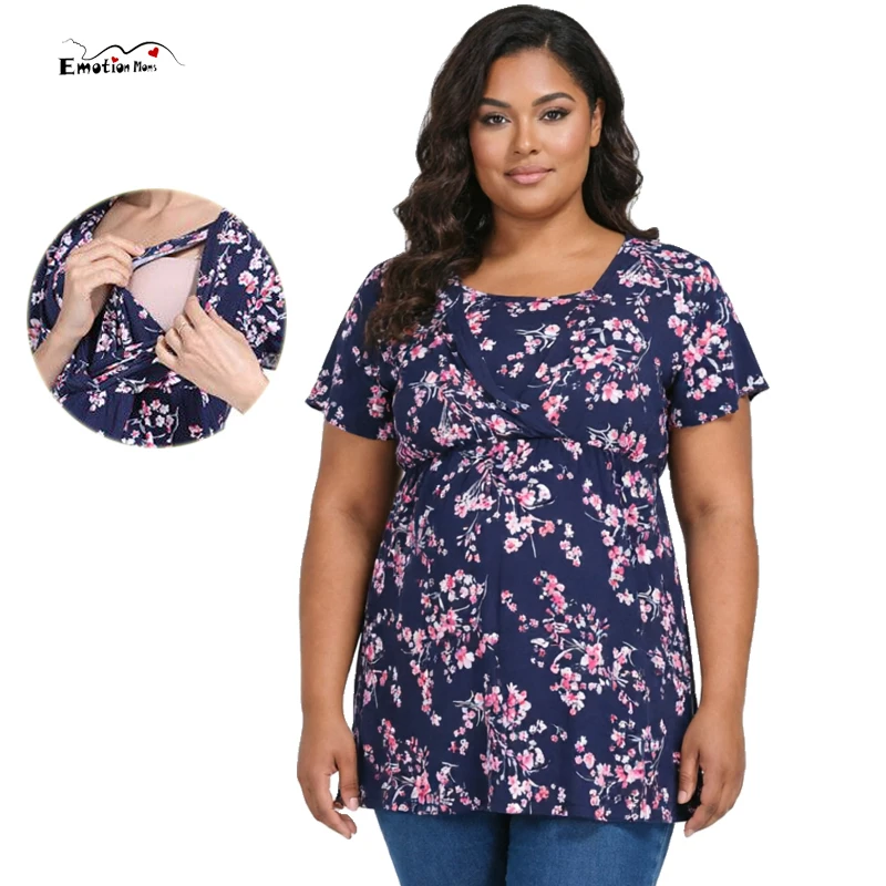 Cross Wrap Lift Up Breastfeeding Maternity Tunic Square Neck Short Sleeve Floral Print Plus Size Soft Loose Pregnancy Blouse