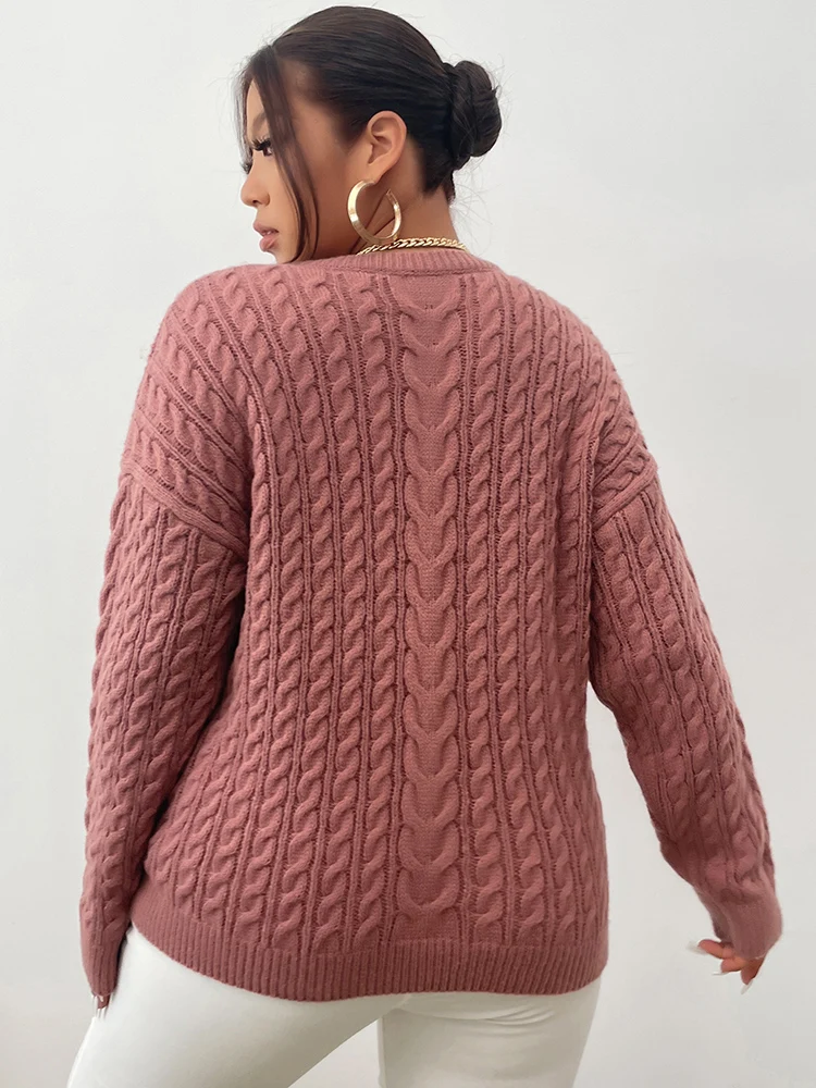 ONELINK Plus Size Women\'s Pullover Sweater Pink Sexy V Neck Cable Knitting Pattern Long Sleeve Stitching Top