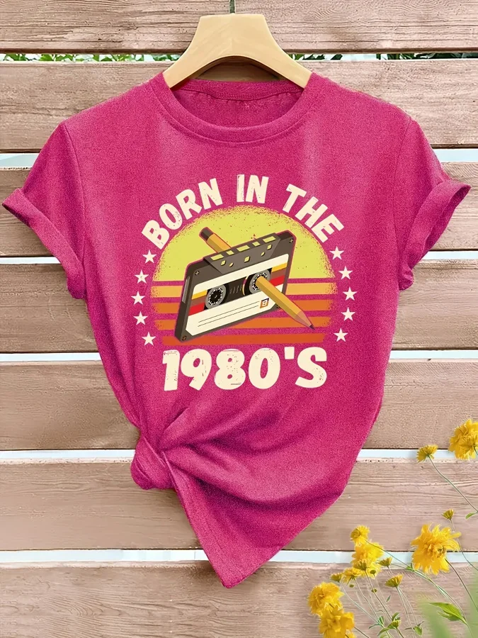 Vintage Cassette Tape Born in The 80S T-Shirt, Casual Crew Neck Short Sleeve Top, Spring Summer Women'S Clothing