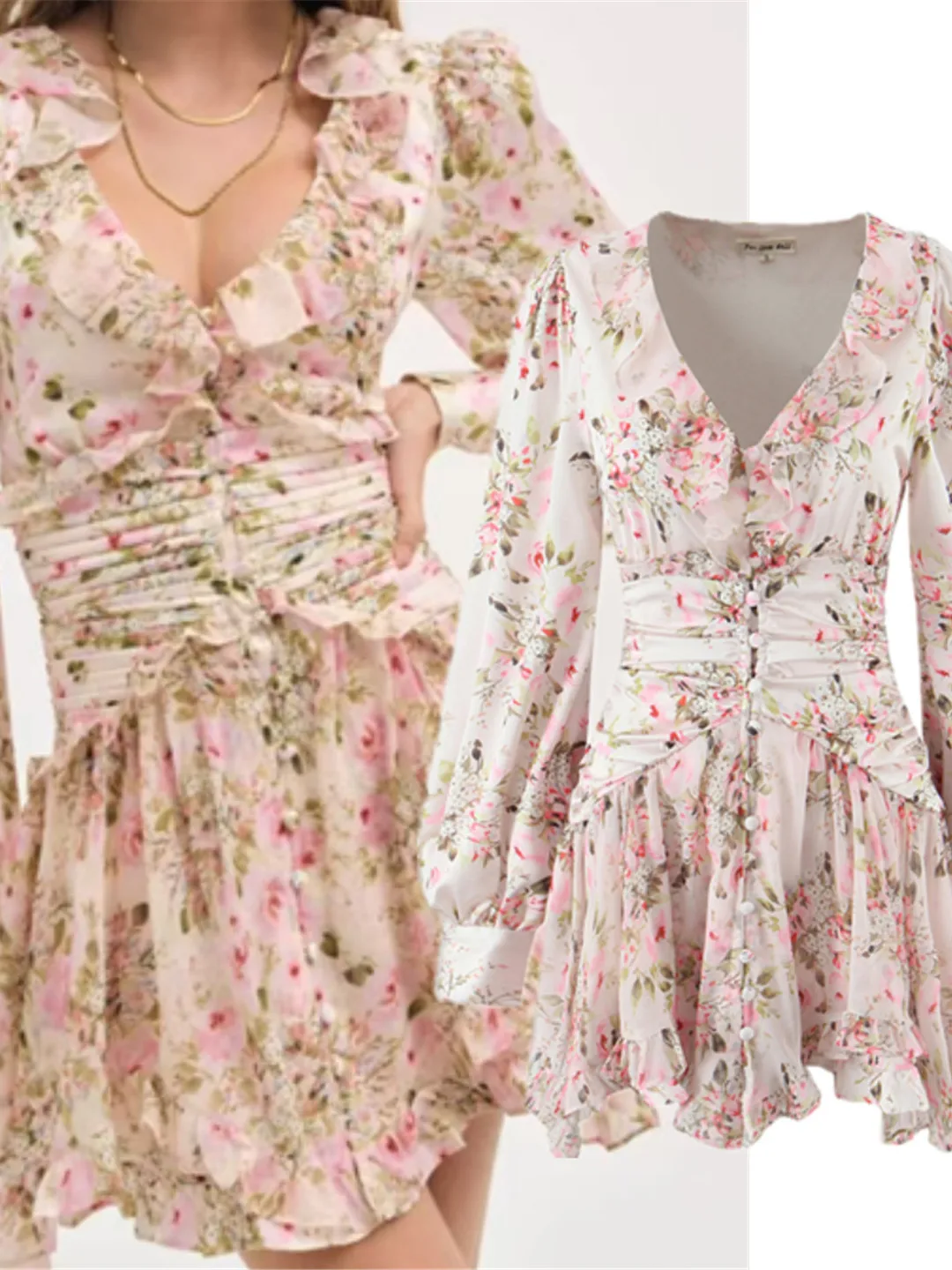로맨틱 플로럴 레이스 트림 플리츠 웨이스트 V넥 롱 슬리브 섹시 슬리밍 오트 A라인 스커트 프렌치 슬레 캐주얼 여성용...