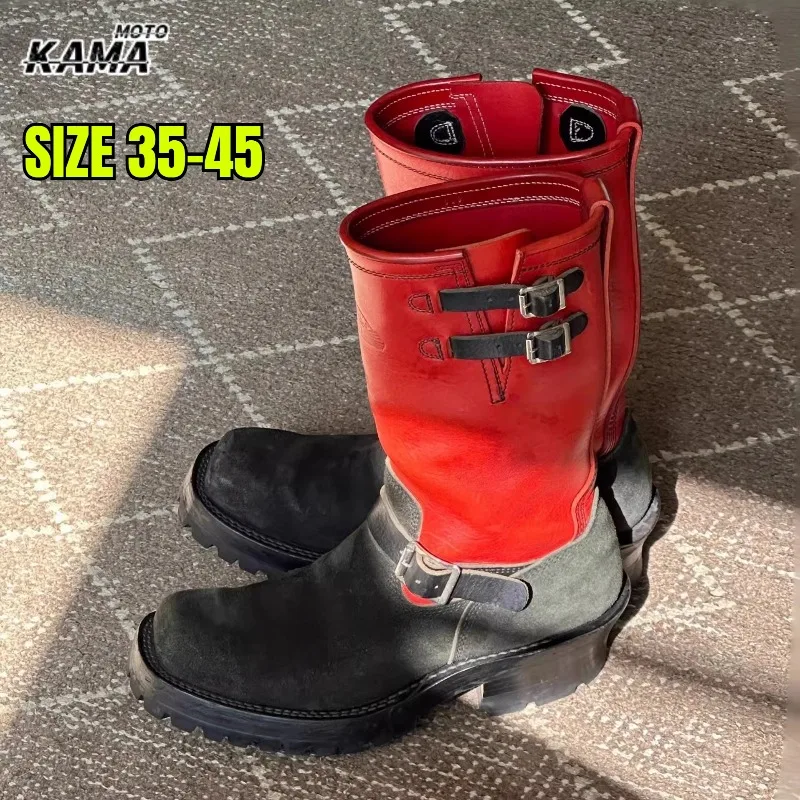Color Blocked Upturned Western Cowboy Boots Leather Splicing Design for Men and Women Square Headed Knight Boots Botas Moto
