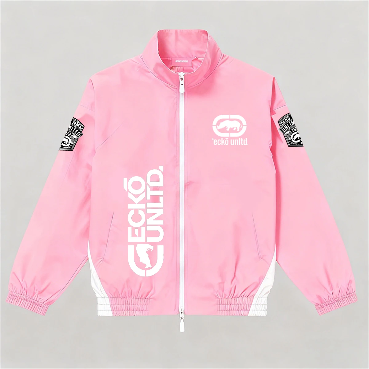 Men's Ecko Unltd Rhino Print Windbreaker, Black-Red Color Block, Zip Stand Collar Casual Streetwear Jacket