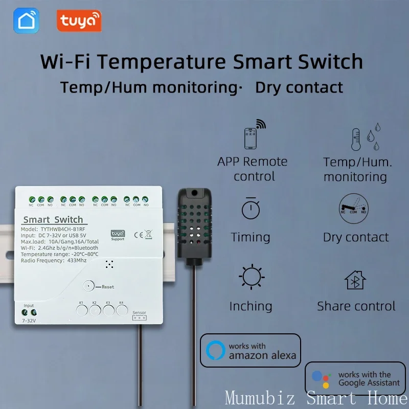 Mumubiz 7-32V WiFi 4 Channel TH Switch With DIN Rail,Tuya Smart Life APP,Temperature or Humidity Sensor Included,Work with Alexa