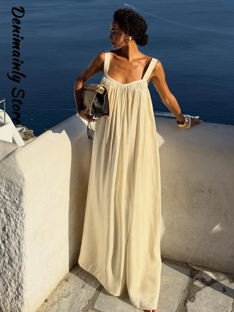 

Elegant Women's Satin Pleated Long Dress Loose V-neck Sleeveless Backless Straight Dresses 2026 Summer Lady Holiday Beach Robes