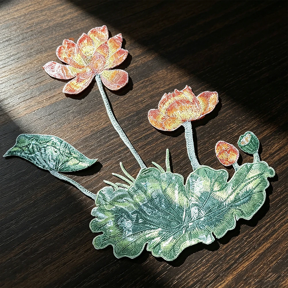 Neuer chinesischer orange-gelber Lotus-Aufnäher zum Aufnähen, ohne Kleber, Hanfu Qipao Kissenstoff, dekorative Applikation, DIY-Bastelbedarf – Detail 3