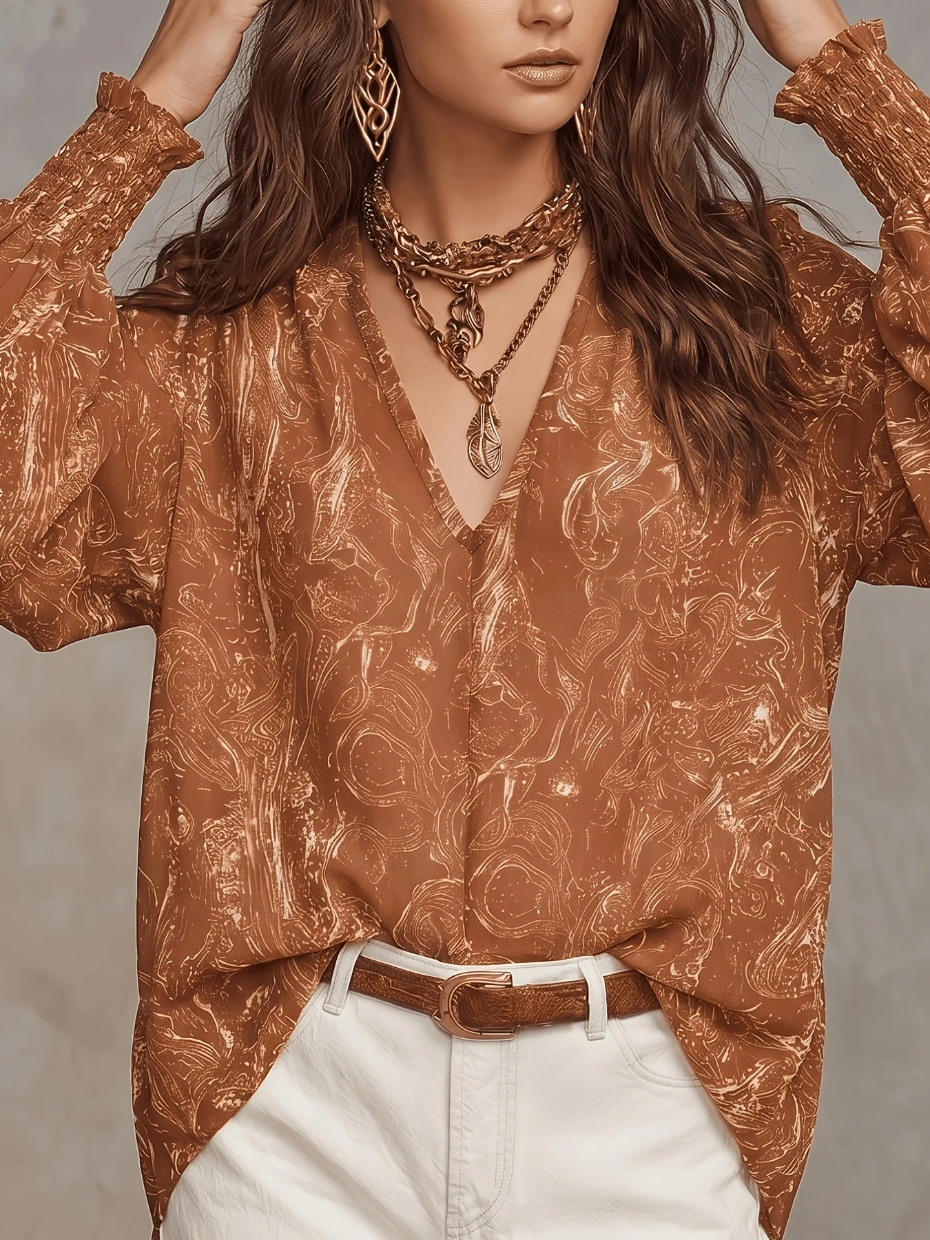 Damen-Bluse aus braunem Chiffon mit Paisley-Print, V-Ausschnitt und langen Laternenärmeln, lässiges, lockeres Boho-Oberteil im Bohemian-Stil für Frauen – Detail 5
