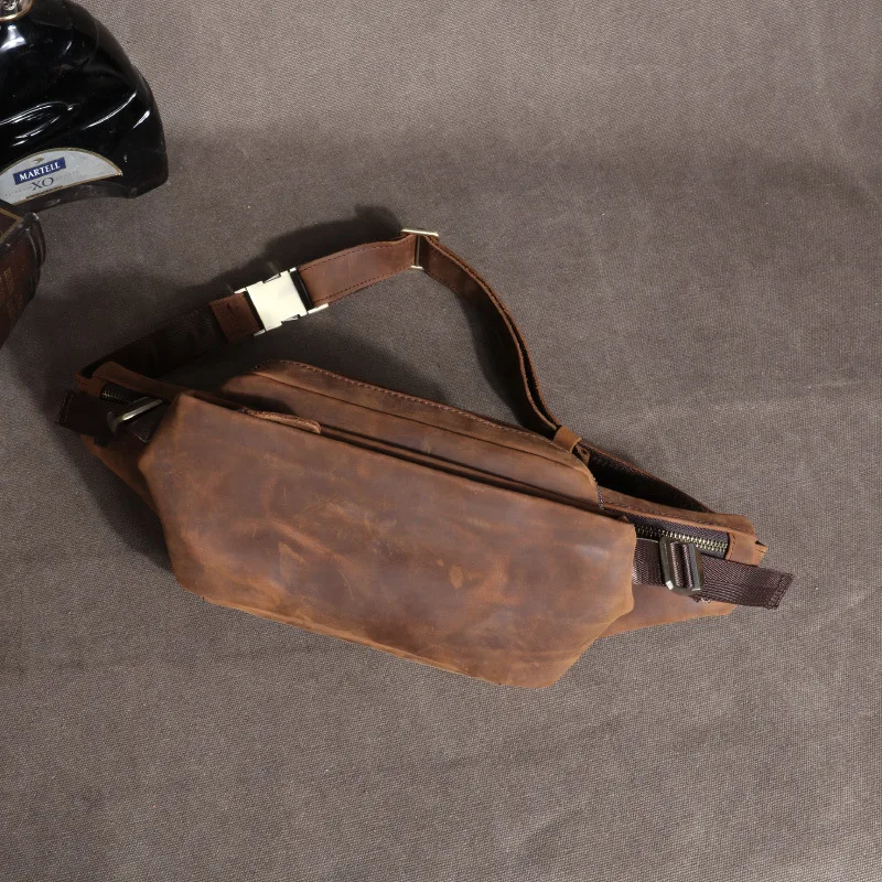 حقيبة الخصر للرجال في الهواء الطلق جلد البقر الهاتف المحمول متعددة الوظائف جلد طبيعي الصدر كريزي هورس حقيبة جلدية كروسبودي