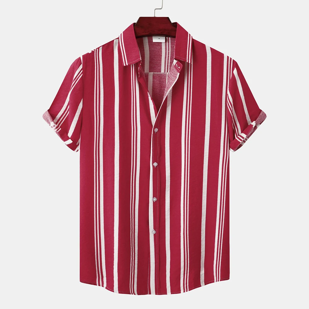 Mens Casual Vintage Stripe Short Sleeve Loose Top Shirts Streetwear Blouse