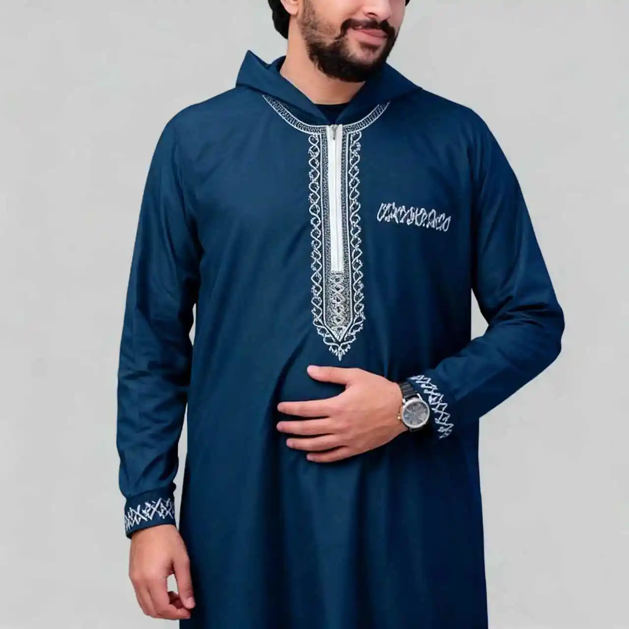 2025 Abito musulmano a maniche lunghe ricamato da uomo di lusso, Jubaso mediorientale, abito con cappuccio più ampio rispetto alle abiti tradizionali