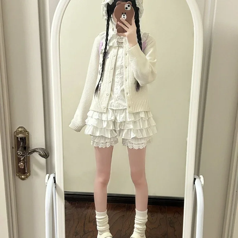 Japanese Style Kawaii Lolita Short Pants Women Sweet Ruffles Lace Patchwork Bow Leggings Girls Cute Elastic Waist JK Pantaloons