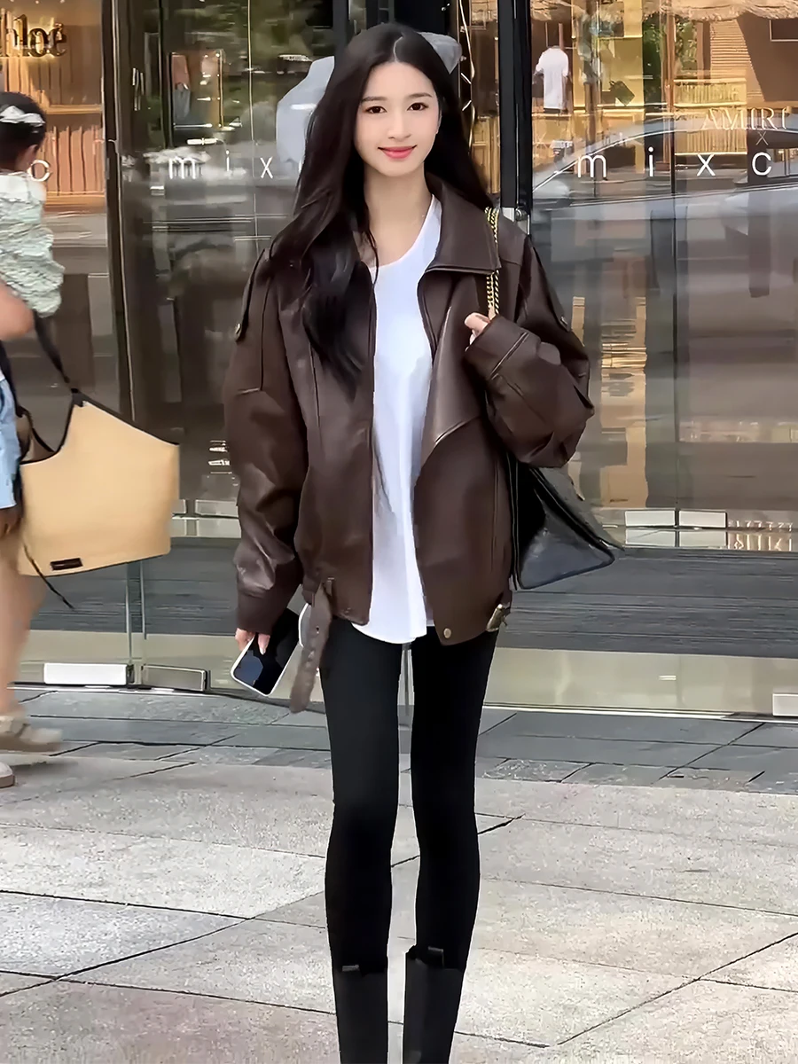 アメリカンレトロレザージャケット長袖スタンドカラーレディースコート不規則デザイン春の新作高級感