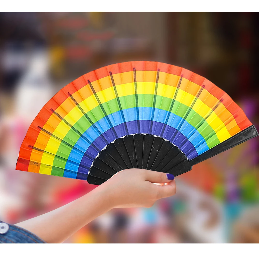 Rainbow Color Plastic Folding Hand Fan Fabric Foldable Fan for Party Stage Performance Photo Booth Decor Supplies