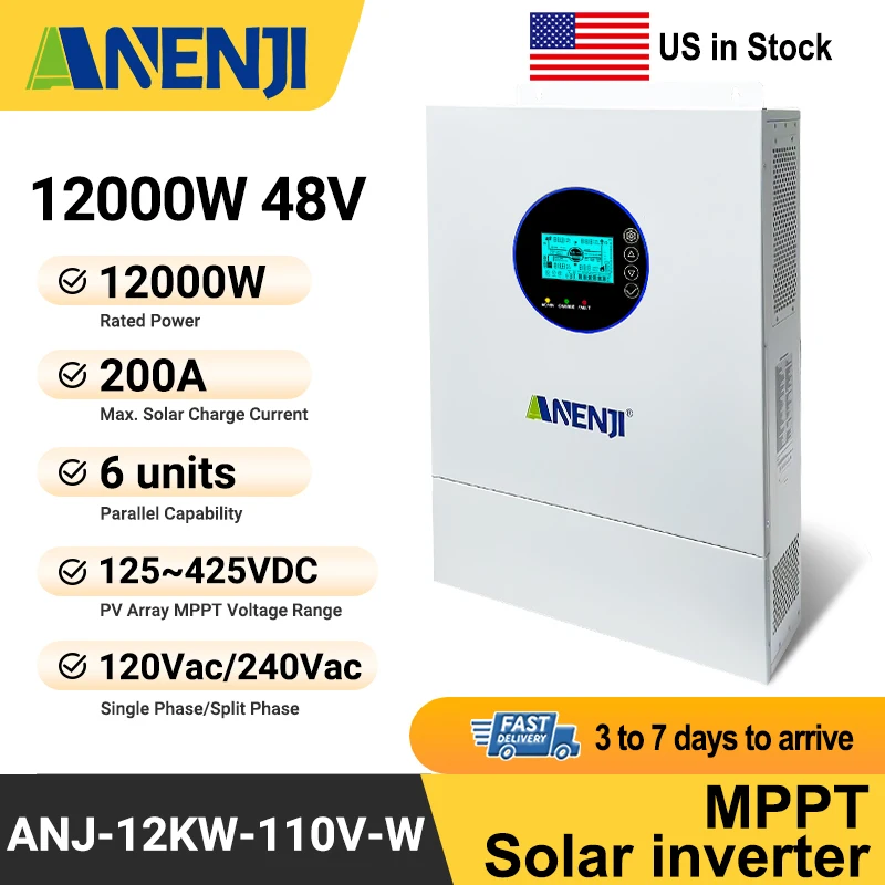 

Гибридный солнечный инвертор ANENJI 12 кВт 110 В с чистой синусоидой, MPPT 200А, параллельное подключение 6 инверторов для фотоэлектрических систем 125-425 В постоянного тока