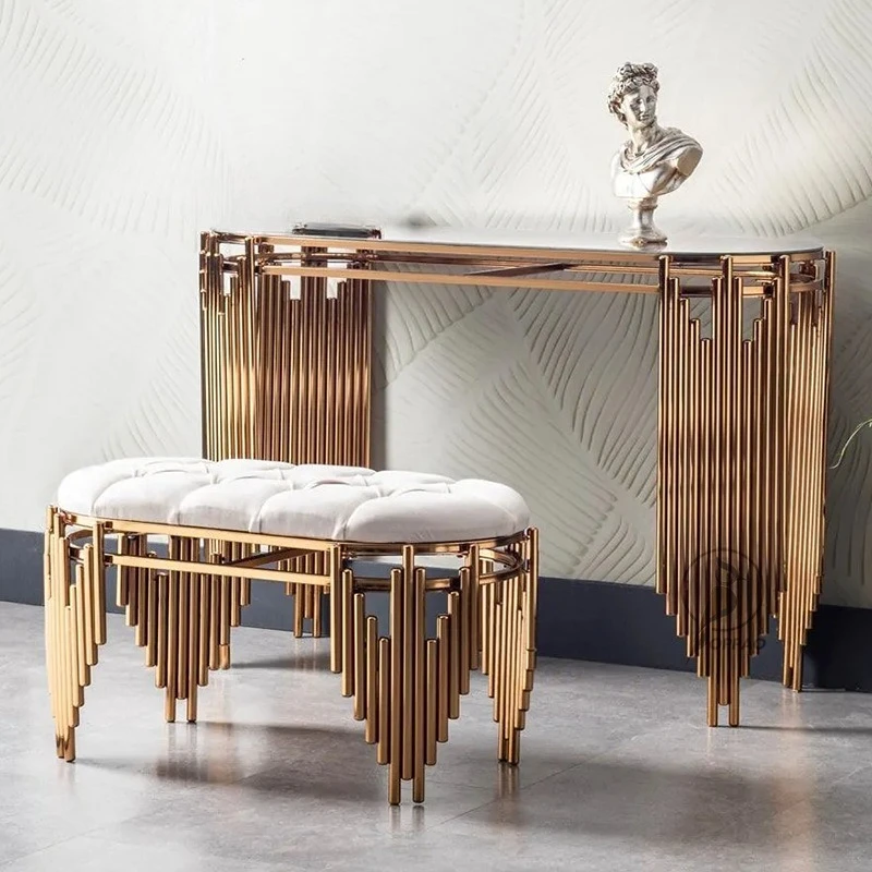Light luxury stainless steel titanium entrance table Tempered glass Hotel living room Marble sun