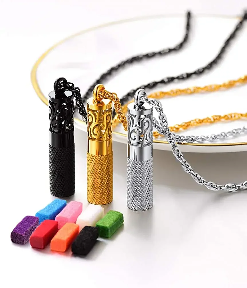 PROSTEEL Stainless Steel Perfume Locket Pendant Necklace Black 18K Gold Color Essential Oil Bottle Diffuser for Women Men Gift
