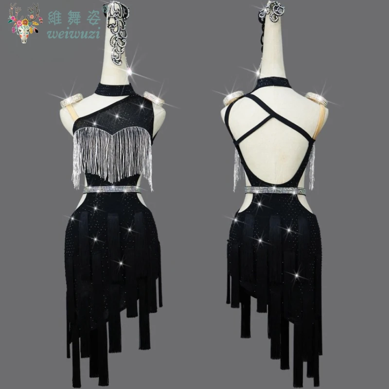 Costume professionnel de danse latine pour femmes, robe à franges avec pierres AB personnalisées pour adultes, vêtements de spectacle Tango Samba Rumba