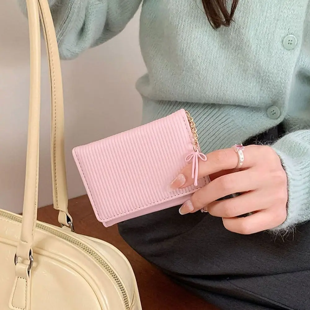 

Fashion Solid Color Women's Wallet Pu Leather Minimalist Lady Wallet Short Ins Bow Pendant Purses Card Bag