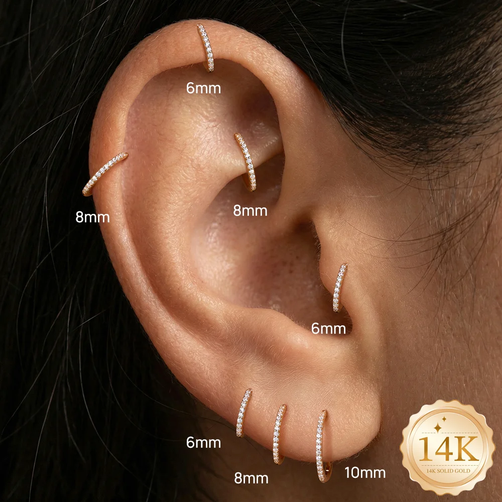AIDE 14K Solid Gold Classic Single Row Diamond Inlay Cartilage Piercing Earrings For Women Multi-size Dainty Luxury Jewelry Gift