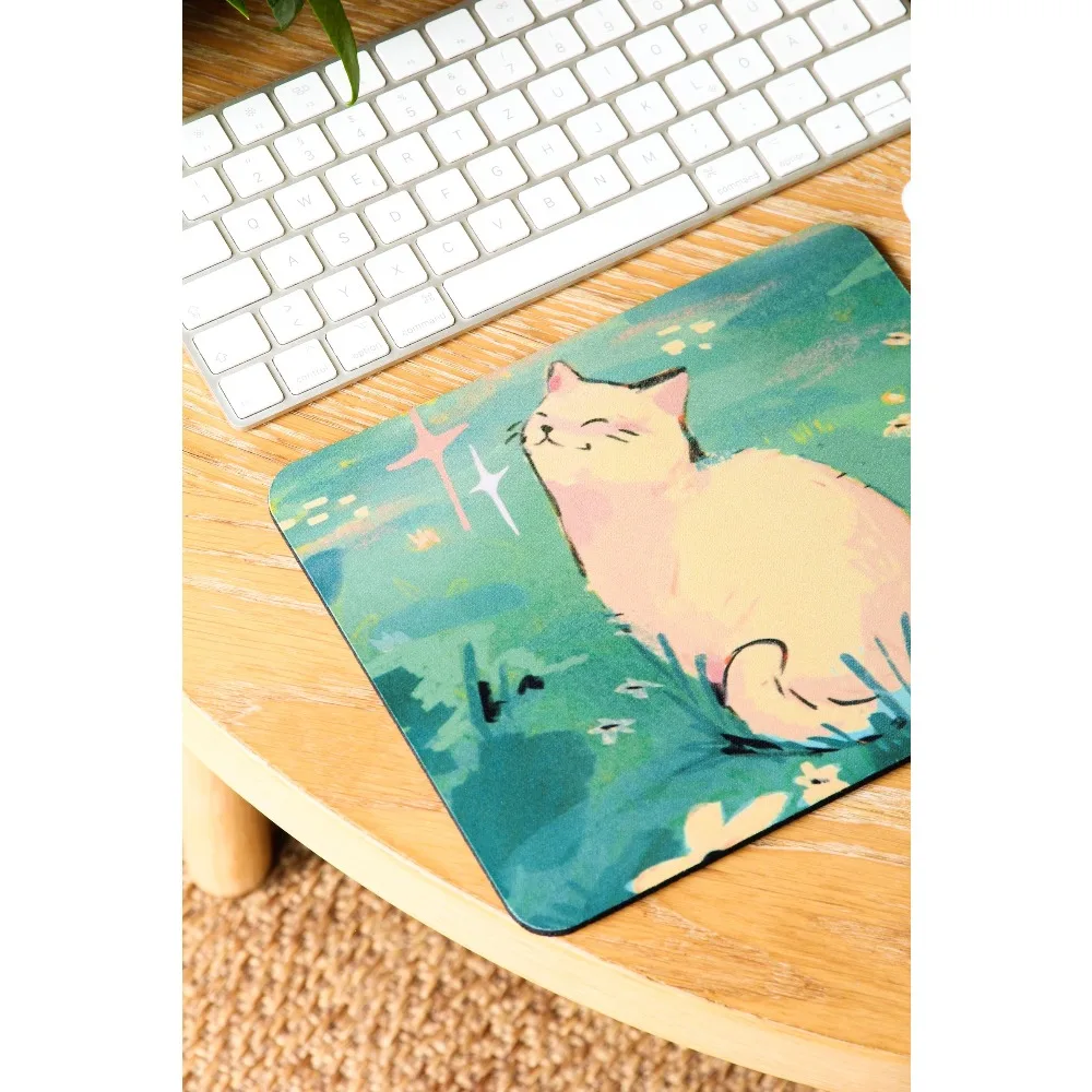 Happy Cat Landscape Mousepad ~ Animal Mousemat Cute Illustrated Desk Accessories Aesthetic Home Accessories Mouse Mat