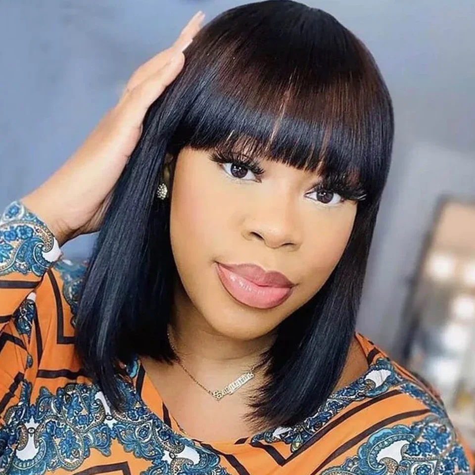 

BAHW Malaysia Short Straight Hair Bob Wigs Natural Color Glueless Bob Wig Human Hair Wig With Bangs Remy Full Machine Made Wig
