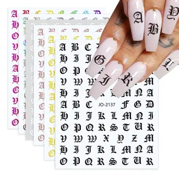 6pcs 고딕 블랙 화이트 골드 편지 네일 아트 스티커 오래된 알파벳 자기 접착 슬라이더 네일 데칼 문신 매니큐어 장식