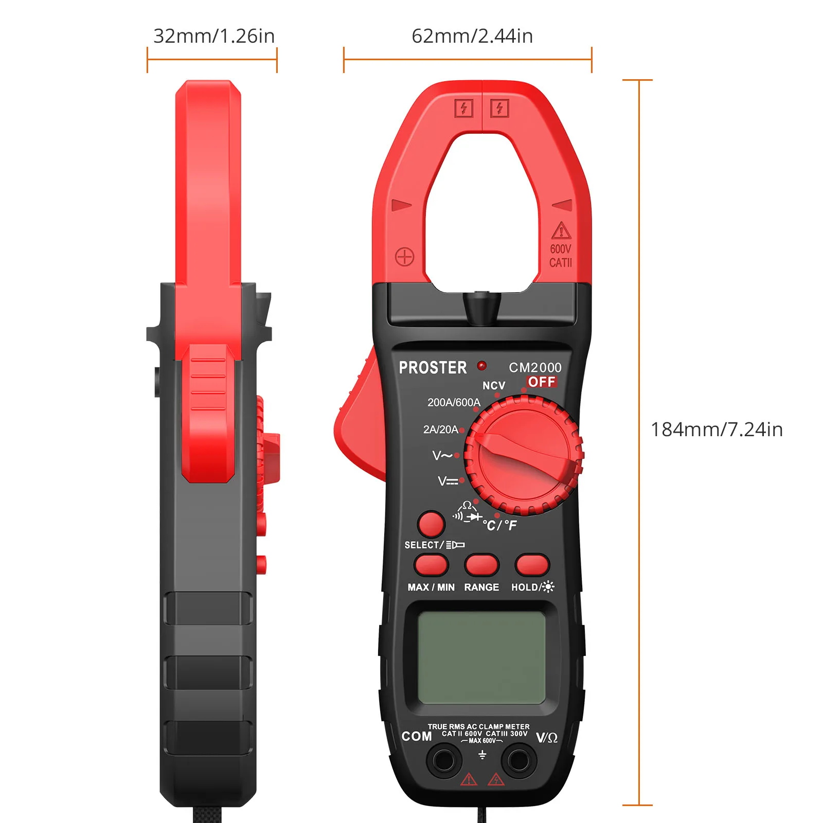 Proster Digital Clamp Meter Trms 600a Ac Current Ac/Dc Voltage Ncv Continuity Resistance Temperature Diode Hz Test