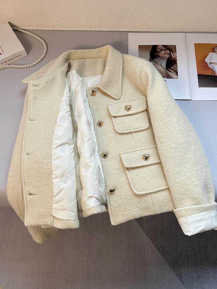 

Французский зимний женский пуховик с лацканами, простые утепленные однобортные пальто, новый модный однотонный топ для поездок на работу