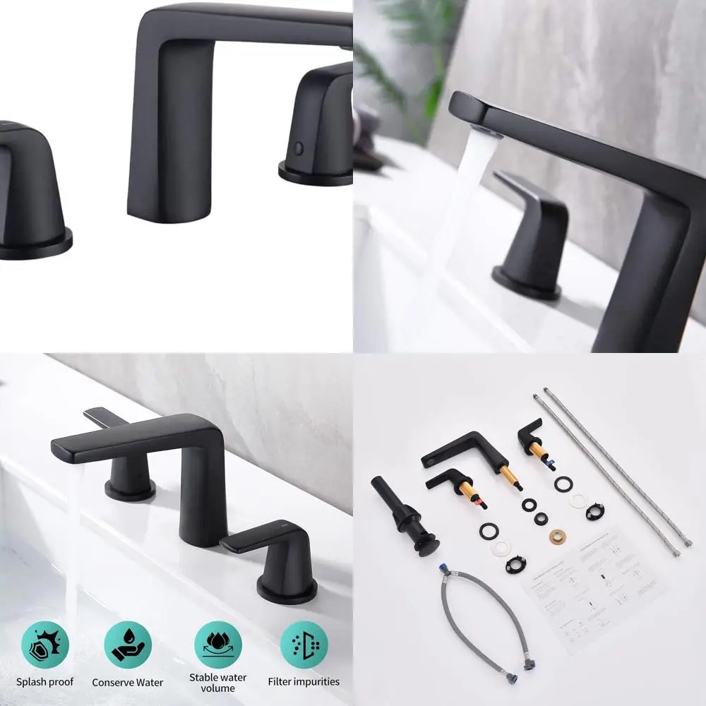 

Black 8 2-Handle Widespread Bathroom Faucet with 3 Holes, Pop-Up Drain, and Water Lines