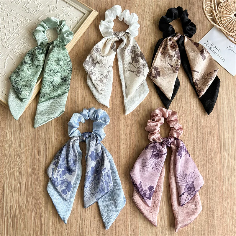 

24cm Long Satin 1Pc Fashion Print Bow Scrunchies Hair Ribbon For Women Elastic Hair Band Girls Horsetail Hair Ties Accessories