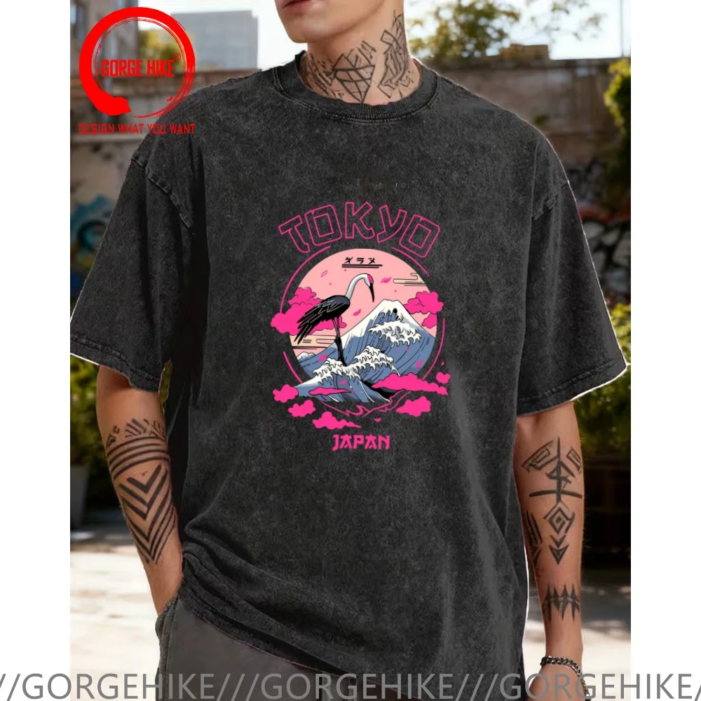 Vintage Washed Cotton T-Shirt Funny Designer Japan Tokyo Crane T Shirt Men Fashion Trendy Casual Clothing Stylish Tops Tees