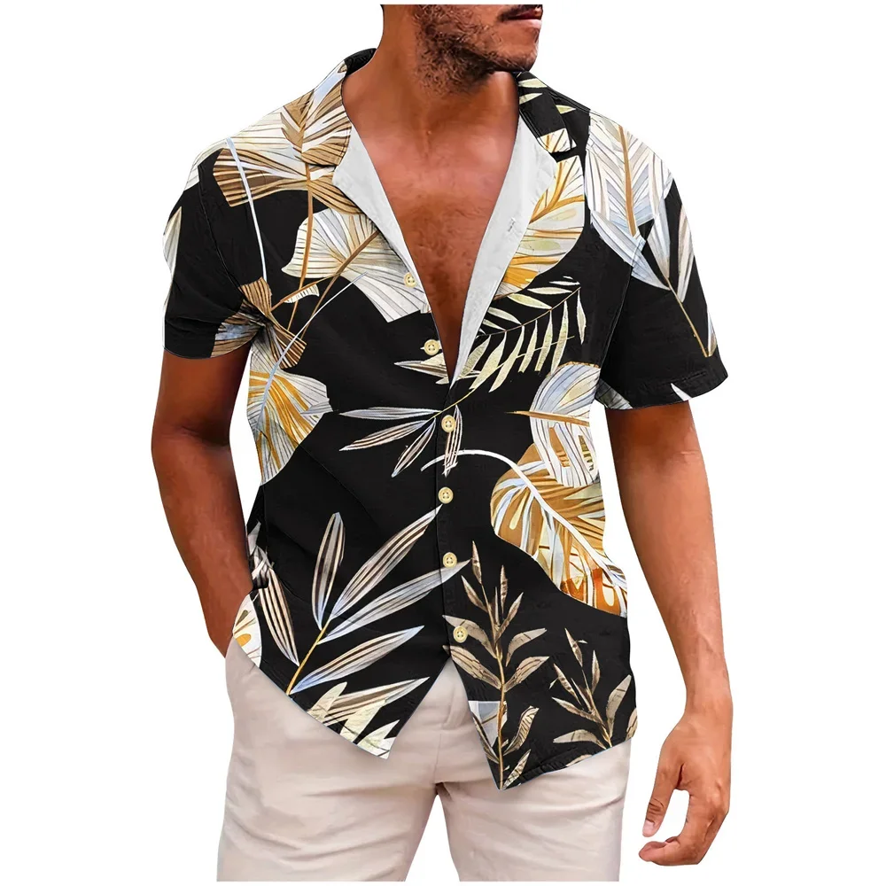 Camicie con risvolto alla moda hawaiane per uomo Camicie estive con piante tropicali stampate a maniche corte larghe abbottonate per le vacanze al mare 5XL